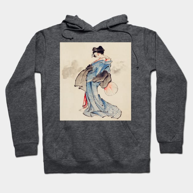 Woman, Full-Length Portrait, Standing, Facing Left, Holding Fan in Right Hand, Wearing Kimono with Check Design by Katsushika Hokusai (1760-1849) Hoodie by Garkbit's